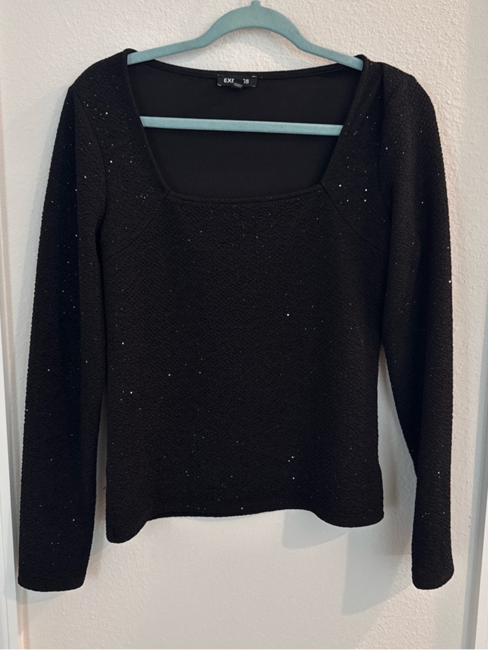 Express Black Sparkle Square Neck Long Sleeve Top